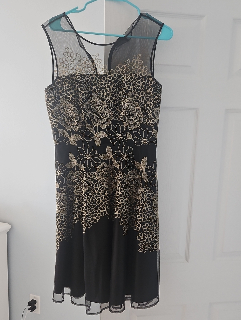 Tahari Black Dress with Gold Floral Lace Overlay